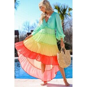 Champagne & Strawberry Tiered High Low Maxi Dress Womens Medium Blue Green Pink